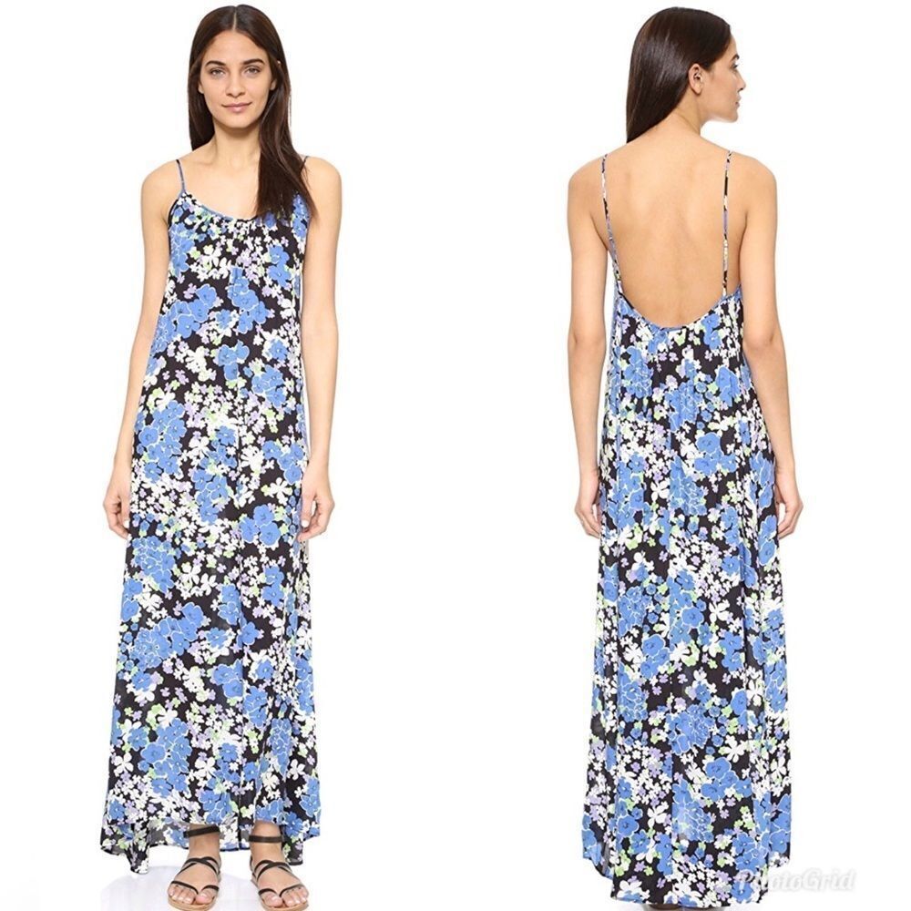 WILDFOX Maxi Slip Dress Small Blue Floral Print Boho Backless Vacation Beach New